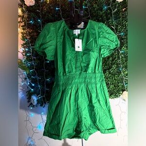 Sugarlips green romper shorts with puffed sleeves and a smocked waist.